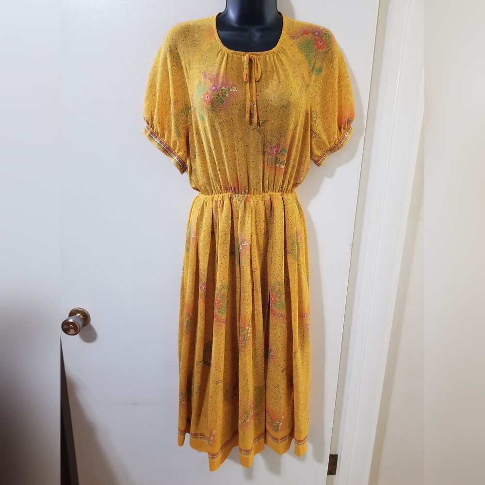 Mustard Floral Puff Sleeve Midi Dress Tie Neck Elastic Waist S